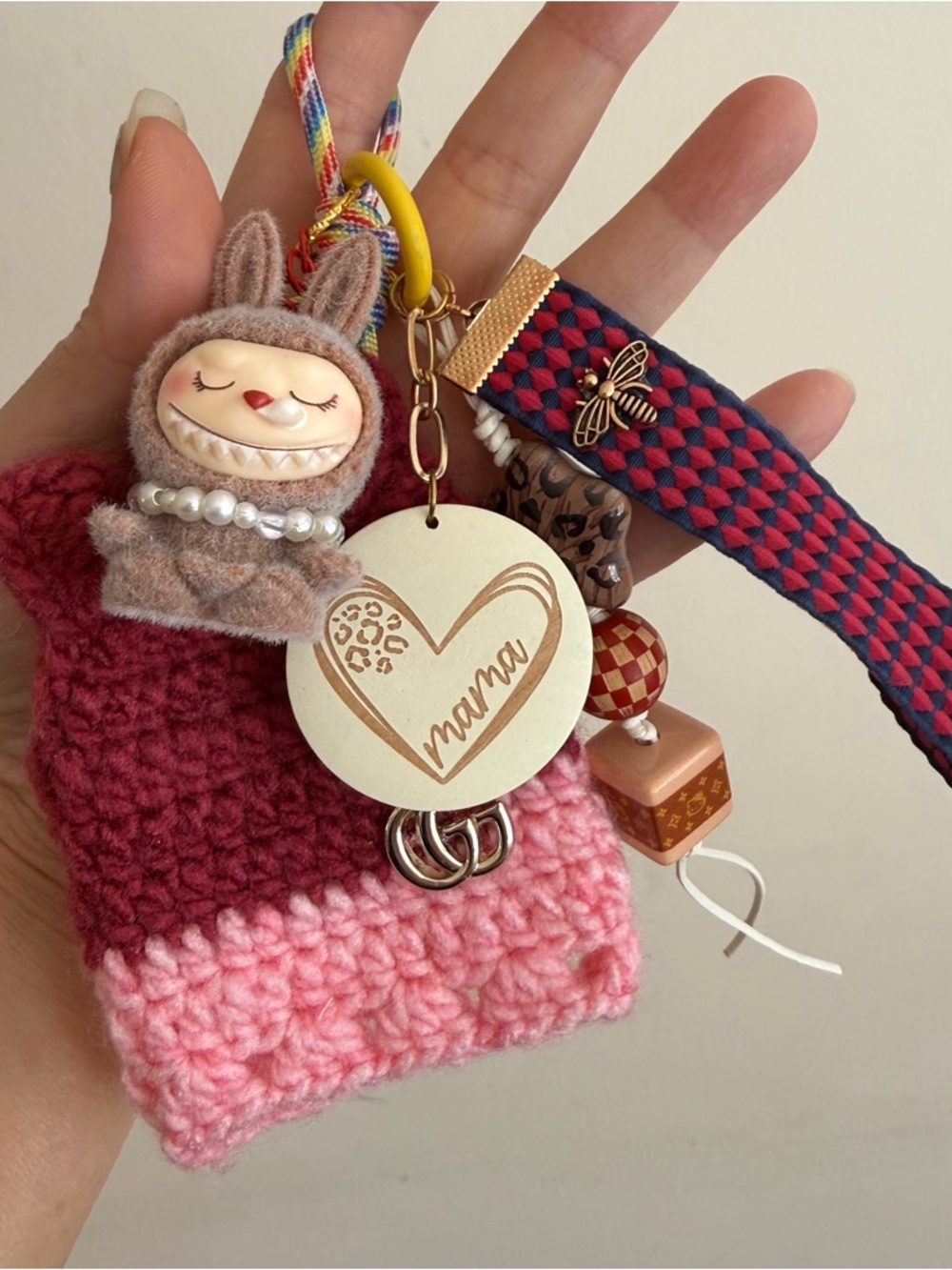 Pink Crochet Key Pouch with GG Accent
